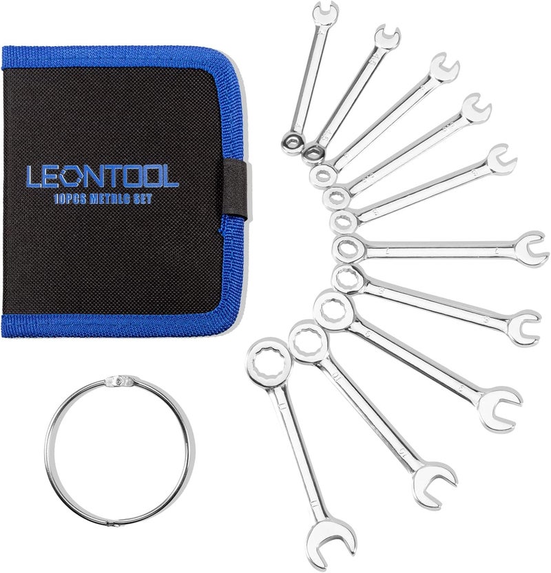 LEONTOOL Small Wrench Set Metric 10 Pcs 4mm To 11mm Open End And Box End Spanner Wrenches with Key Ring, Ignition Wrench Set Standard with Portable Storage Pouches - Image 1